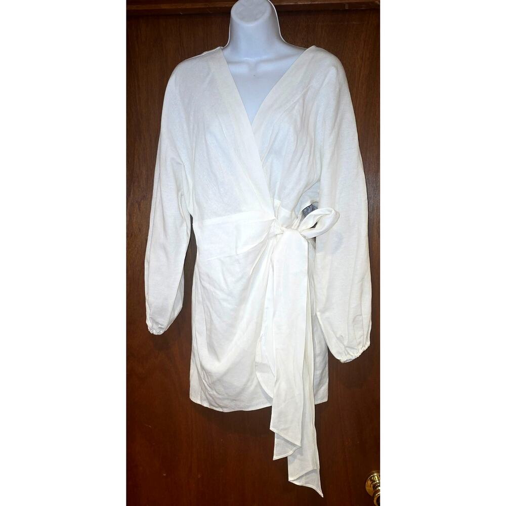 WAYF Amour Long Sleeve Linen Blend Wrap Dress - Ivory, Size XS